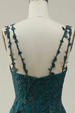 A Line Spaghetti Straps Dark Green Long Prom Dress with Appliques