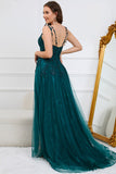 A Line Spaghetti Straps Dark Green Long Prom Dress with Appliques