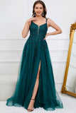 A Line Spaghetti Straps Dark Green Long Prom Dress with Appliques