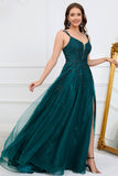 A Line Spaghetti Straps Dark Green Long Prom Dress with Appliques