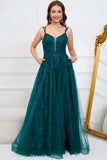 A Line Spaghetti Straps Dark Green Long Prom Dress with Appliques