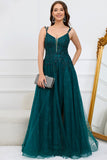 A Line Spaghetti Straps Dark Green Long Prom Dress with Appliques