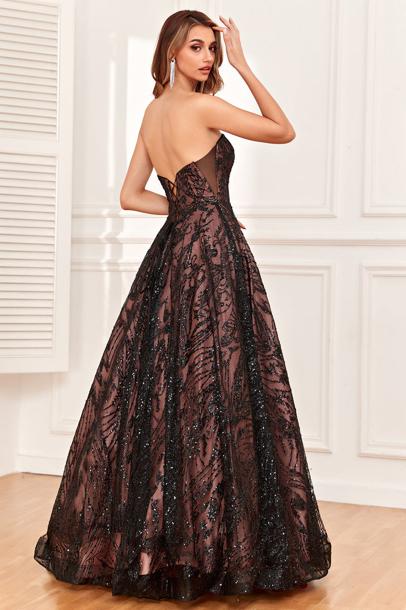 Load image into Gallery viewer, Black Strapless A Line Prom Dress with Beading
