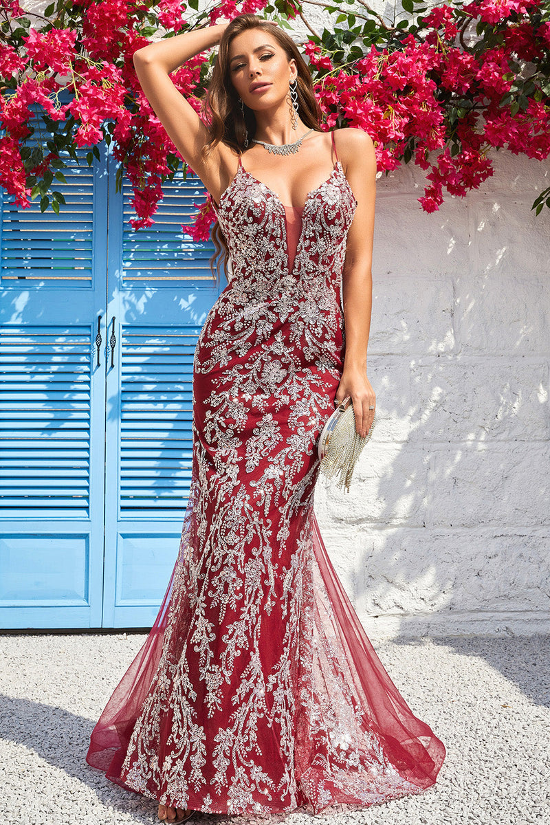 Load image into Gallery viewer, Mermaid Spaghetti Straps Burgundy Long Prom Dress with Open Back