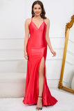 Deep V-Neck Sleeveless Long Red Prom Dress with Slit