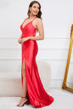 Deep V-Neck Sleeveless Long Red Prom Dress with Slit