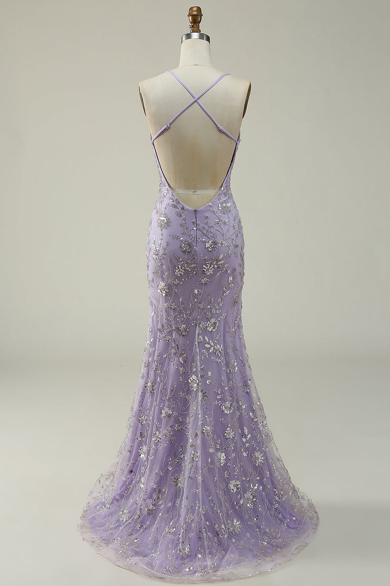 Load image into Gallery viewer, Mermaid Spaghetti Straps Purple Long Prom Dress with Beading