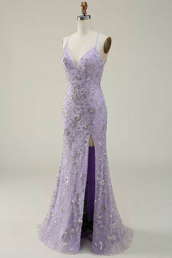 Mermaid Spaghetti Straps Purple Long Prom Dress with Beading