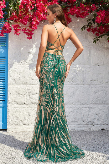 Mermaid Spaghetti Straps Dark Green Long Prom Dress with Bronzing