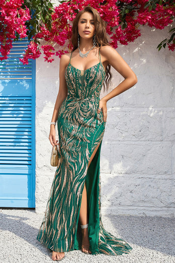 Mermaid Spaghetti Straps Dark Green Long Prom Dress with Bronzing