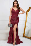 Mermaid Sequins Burgundy Long Prom Dress with Slit