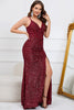 Load image into Gallery viewer, Mermaid Sequins Burgundy Long Prom Dress with Slit