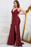 Mermaid Sequins Burgundy Long Prom Dress with Slit