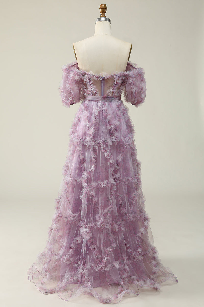 Load image into Gallery viewer, A Line Off the Shoulder Purple Long Prom Dress with Printing