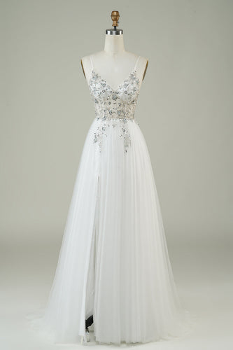 Gorgeous A Line Spaghetti Straps White Tulle Long Wedding Dress with Beading