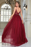 Sparkly Burgundy Beaded Long Tulle Prom Dress with Slit