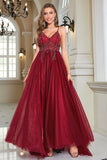 Sparkly Burgundy Beaded Long Tulle Prom Dress with Slit