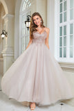 Glitter Blush A-Line Tulle Long Prom Dress with Lace