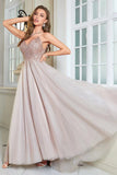 Glitter Blush A-Line Tulle Long Prom Dress with Lace