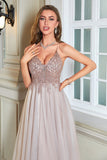 Glitter Blush A-Line Tulle Long Prom Dress with Lace