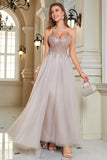 Glitter Blush A-Line Tulle Long Prom Dress with Lace