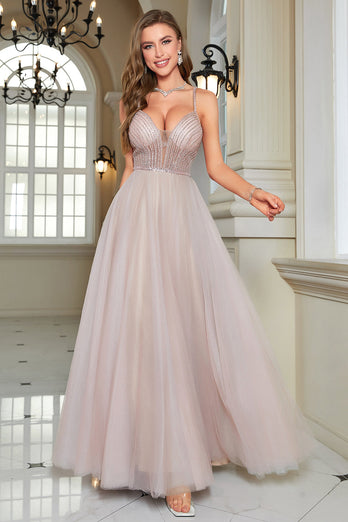 Sparkly Blush Beaded A-Line Long Formal Dress