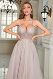 Sparkly Blush Beaded A-Line Long Formal Dress