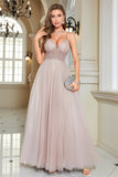 Sparkly Blush Beaded A-Line Long Formal Dress