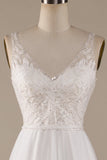 Ivory V-Neck Tulle Sweep Train Wedding Dress with Lace