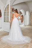 Ivory V-Neck Sweep Train Wedding Dress with Lace