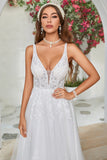 Ivory V-Neck Sweep Train Wedding Dress with Lace