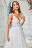 Ivory V-Neck Sweep Train Wedding Dress with Lace