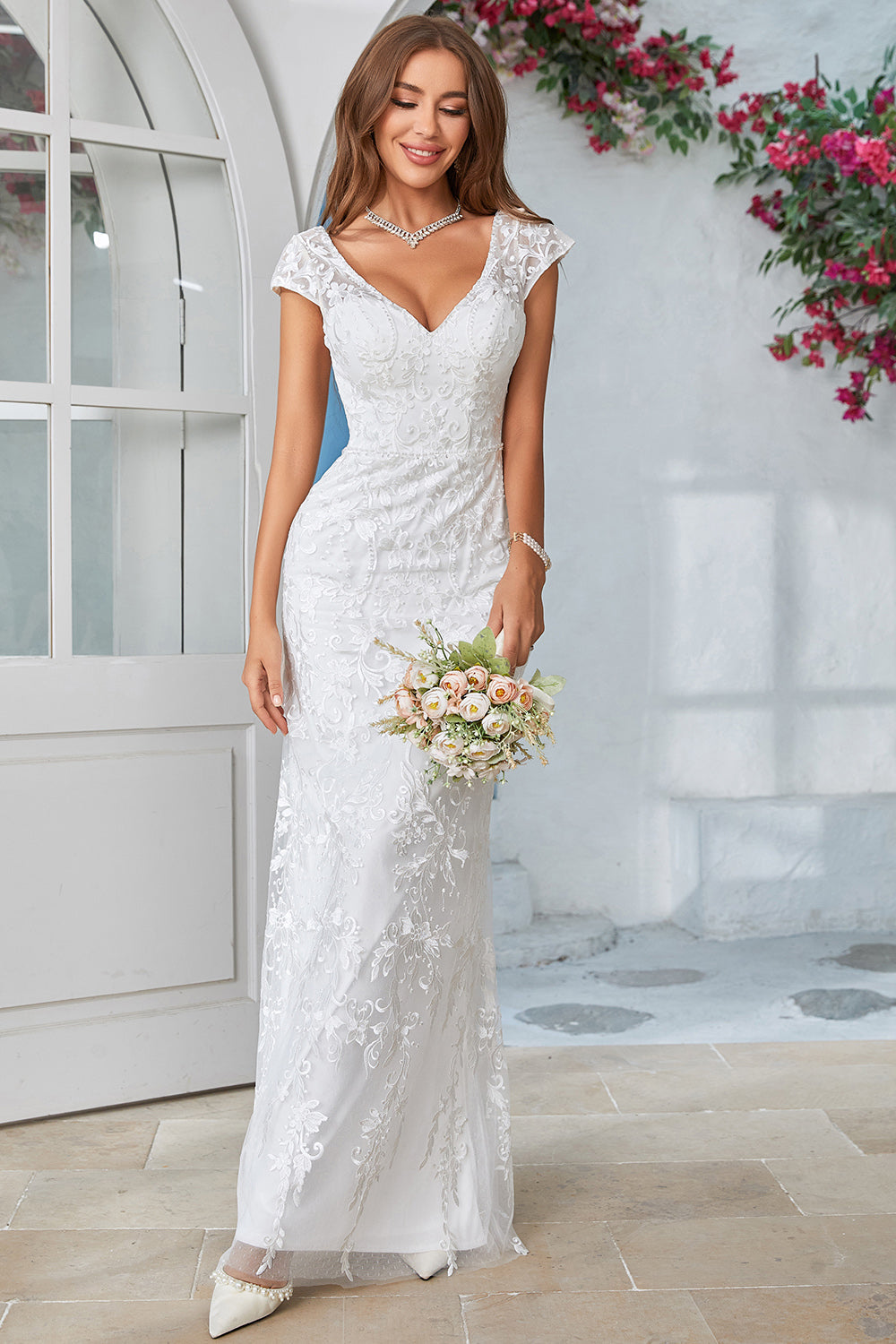 Ivory Mermaid Lace V-Neck Wedding Dress