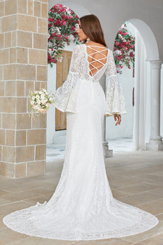 Ivory Mermaid Lace Flare Sleeves Wedding Dress