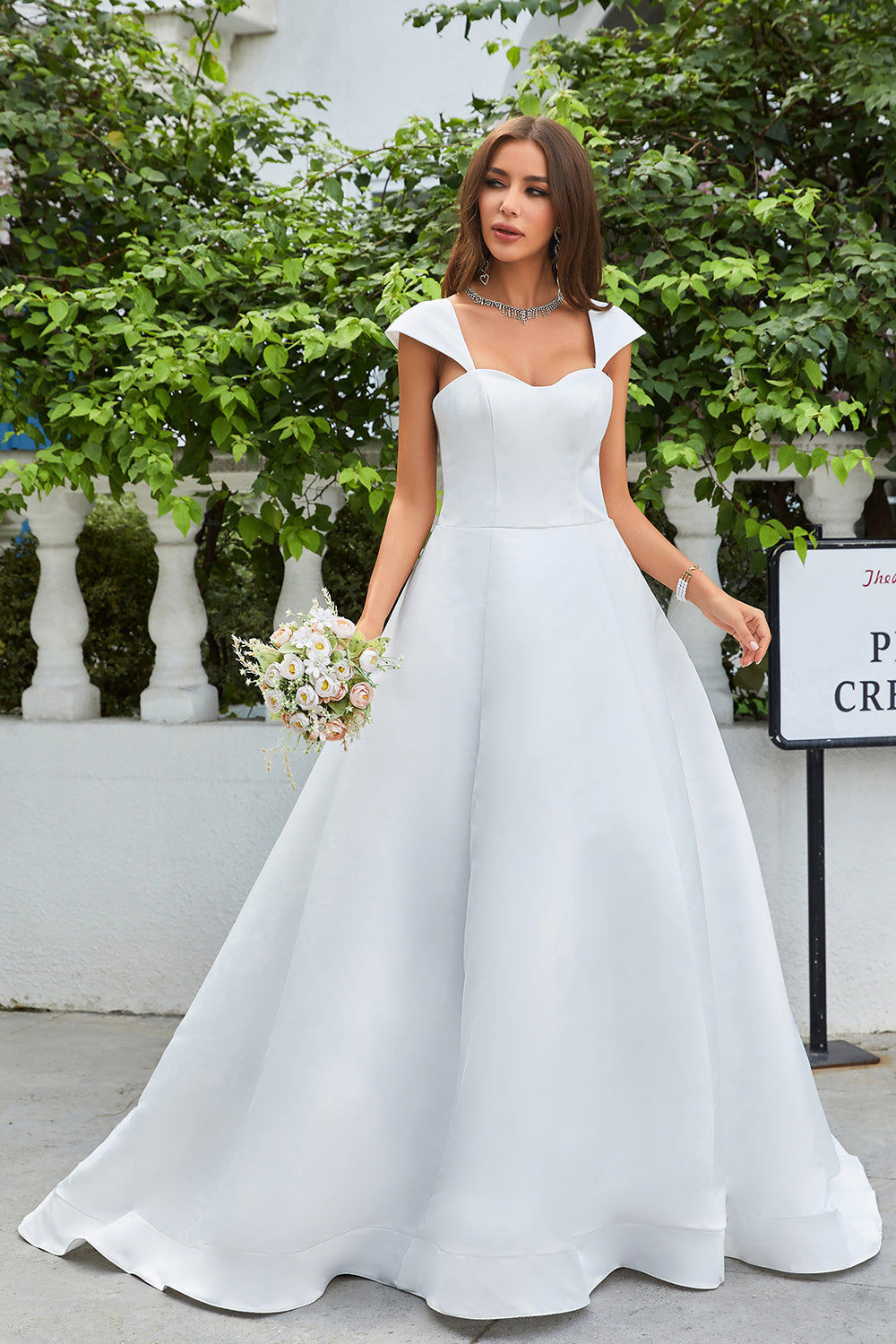 Cheap Simple Satin Wedding Dresses Plunging V-neck Bridal Dress VW1324 -  Ivory / Custom Size