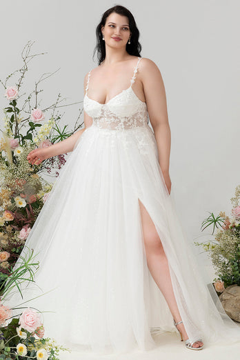 Ivory Spaghetti Straps Tulle A Line Wedding Dress with Slit
