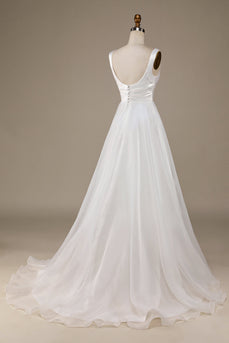 Simple Ivory Organza Scoop Neck Sweep Train Wedding Dress