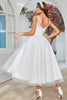 Load image into Gallery viewer, White Mid-Calf Tulle Wedding Dress with Lace